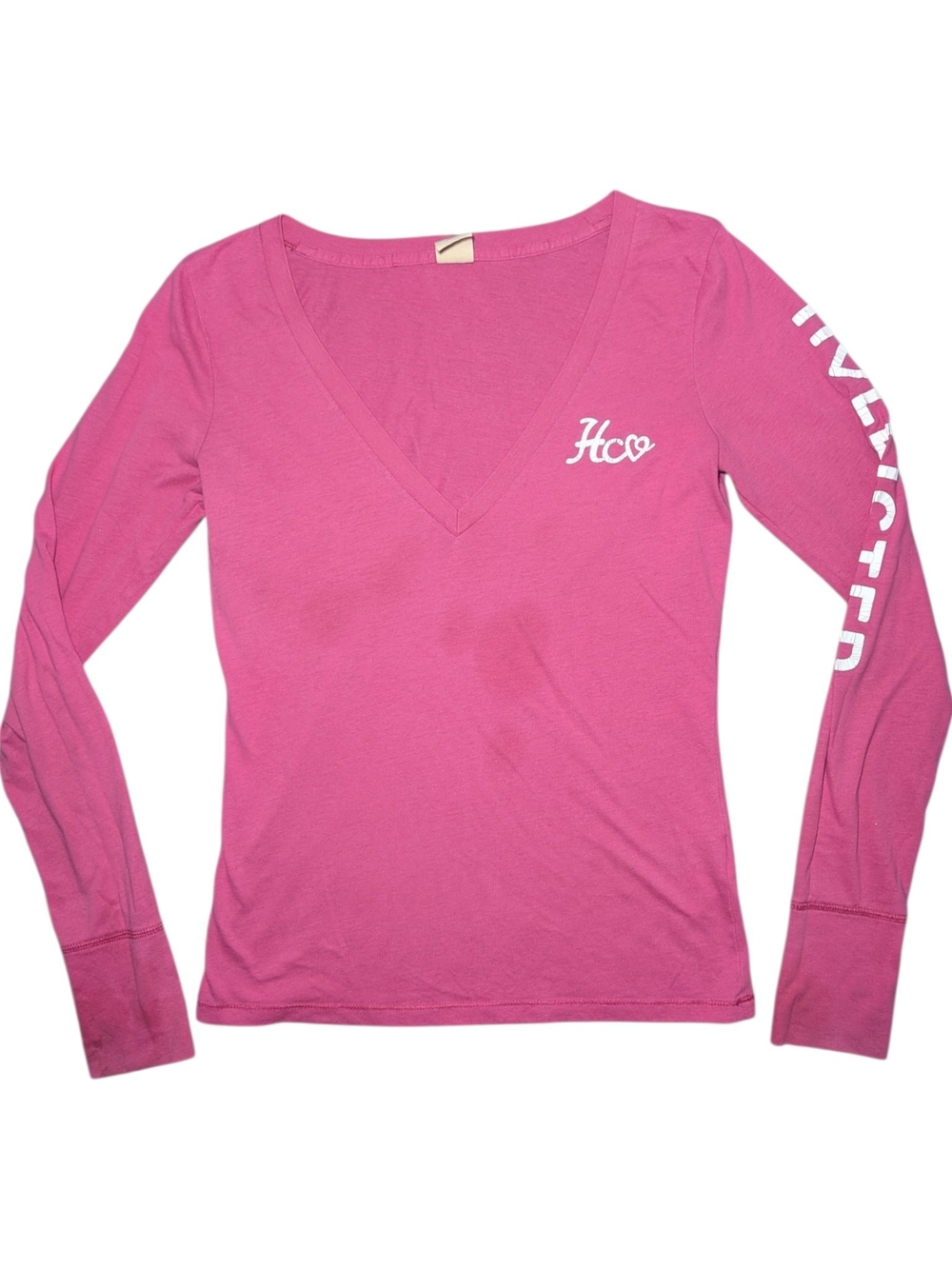 VTG Y2K Hollister Pink V-Neck Long Sleeve Shirt Spellout Graphic Women Size L